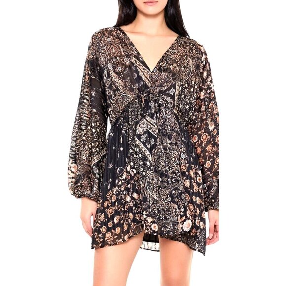 NEW Metallic Paisley‎ Plunging V-Neck Mini Dress, Black Multi, M, Bohemian Style - Picture 2 of 15